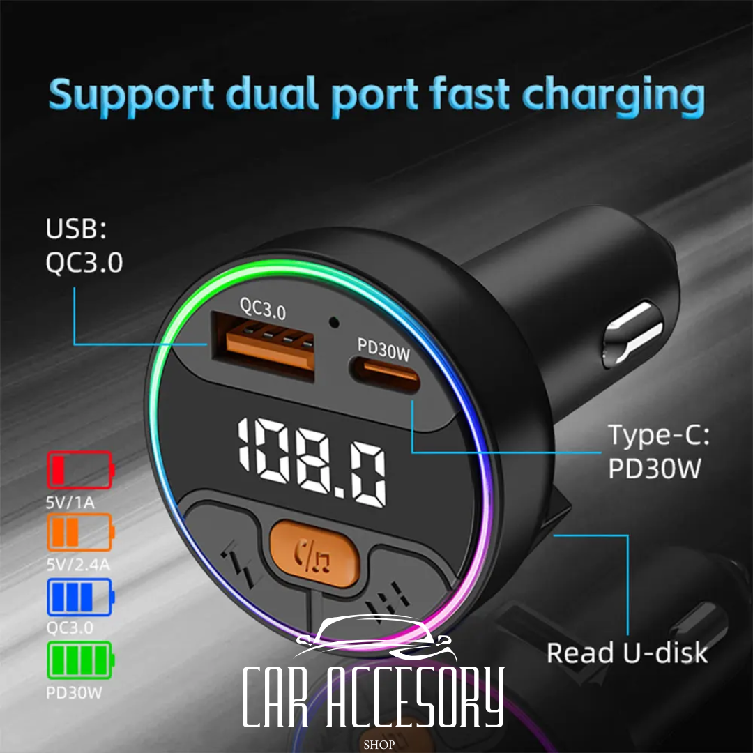 Bluetooth 5.3 FM Transmitter Car Kit with Fast Charging & MP3 Playback