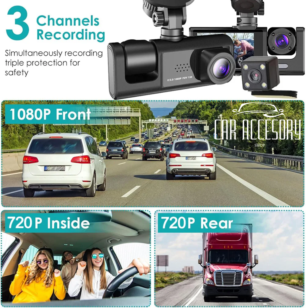 1080P 3-Lens Dash Cam – Front, Inside & Rear Recording