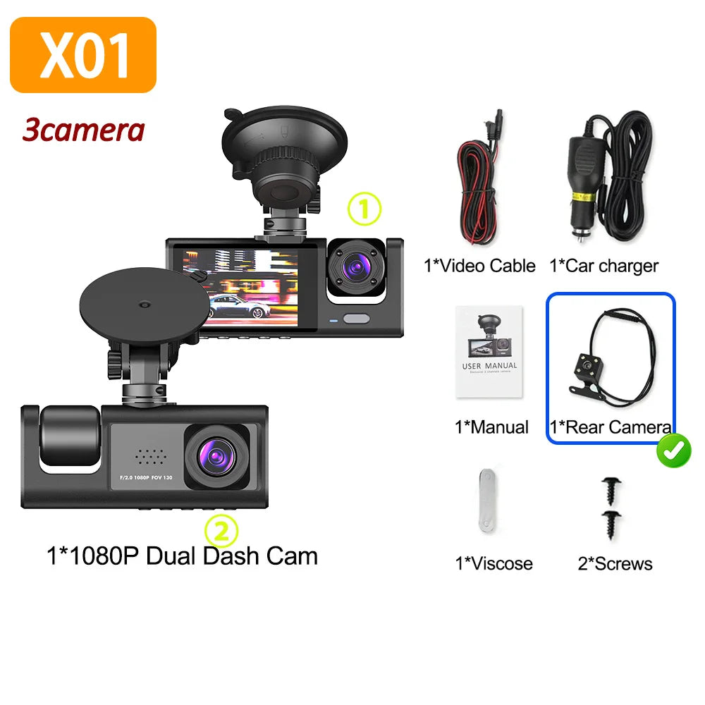 1080P 3-Lens Dash Cam – Front, Inside & Rear Recording